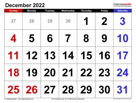 calendar december 2022 excel