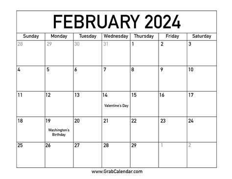 calendar february 2024 printable free