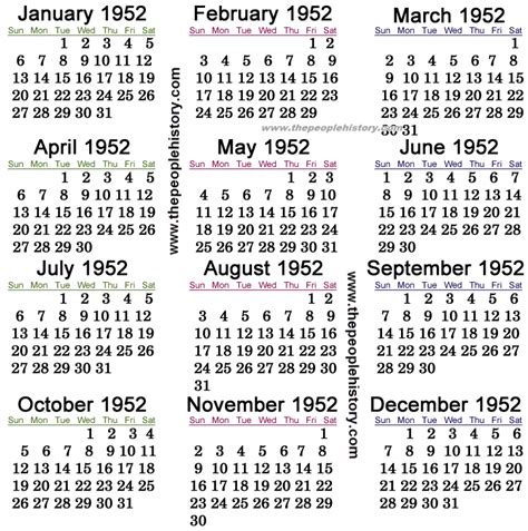 calendar for 1952 year