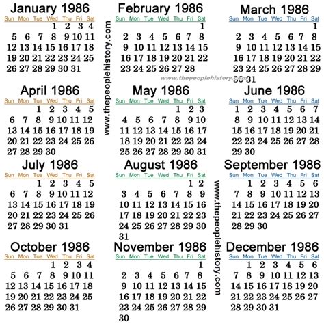 calendar for 1986 year with historical events