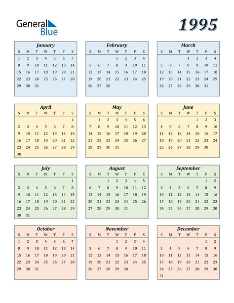 calendar for 1995 year in excel