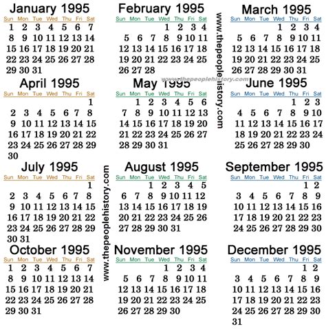 calendar for 1995 year with historical events