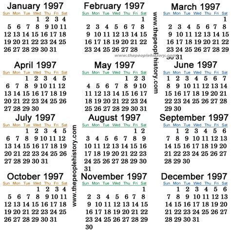 calendar for 1997 year by month