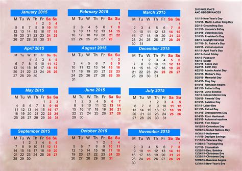 calendar for 2015 with all holidays