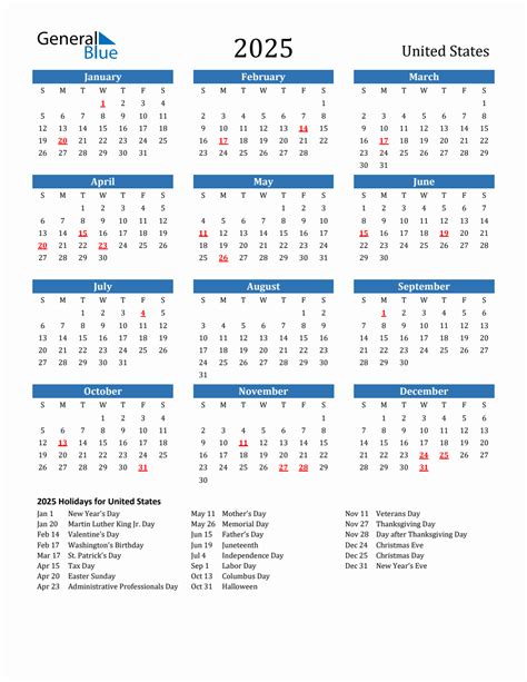 calendar for 2025 united states