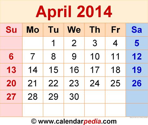 calendar for april 2014