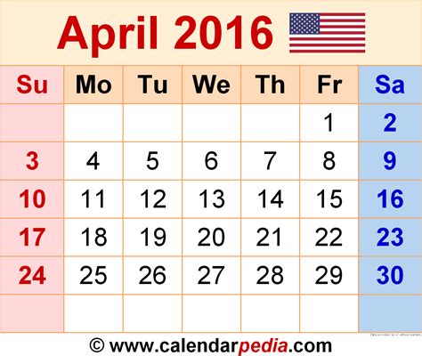 calendar for april 2016