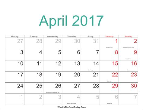 calendar for april 2017