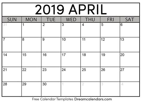 calendar for april 2019