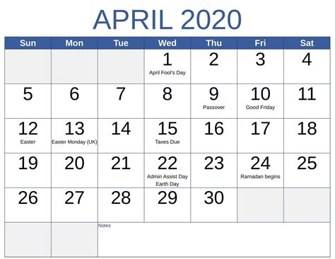 calendar for april 2020 with holidays