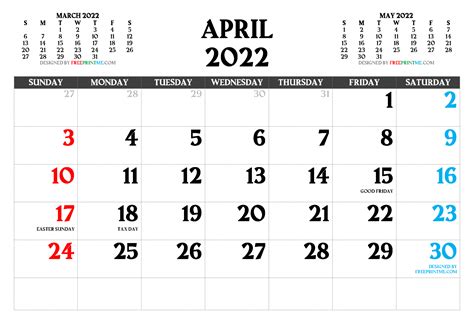 calendar for april 2022