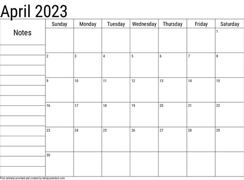 calendar for april 2023 with notes