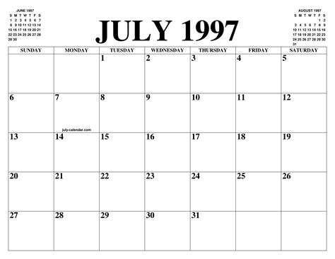 calendar for july 1997