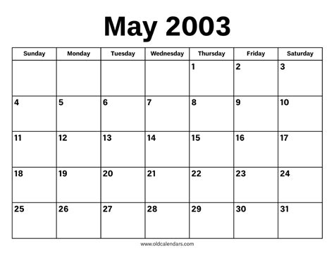calendar for may 2003