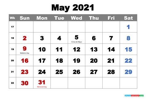 calendar for may 2021 with holidays