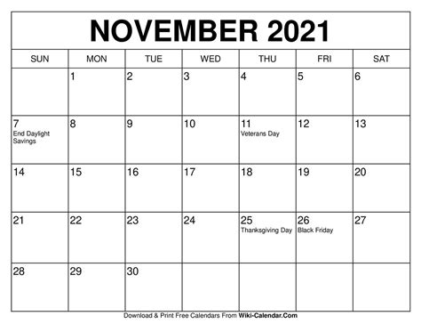 calendar for november 2021 printable