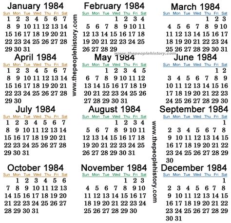 calendar for year 1984