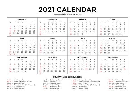 calendar for year 2021