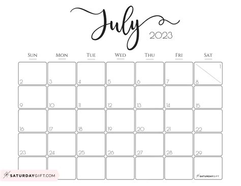 calendar july 2023 printable free cute
