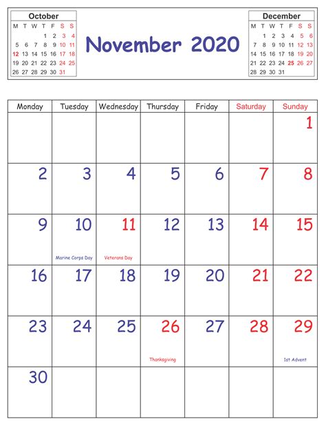 calendar november 2020 with holidays