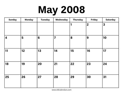 calendar of may 2008