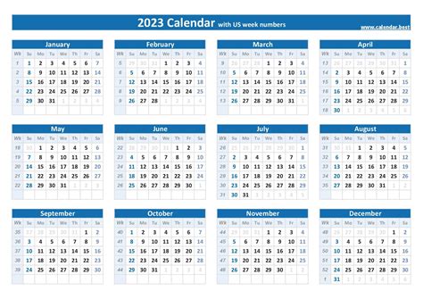 calendar with weeks numbered 2023