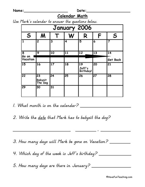 Calendar Worksheet For Math