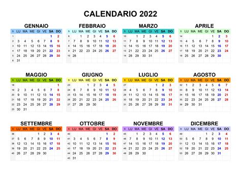 calendario 2022 in italiano