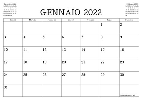 calendario 2022 mensile da stampare