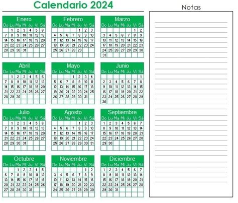 calendario 2024 en excel para descargar