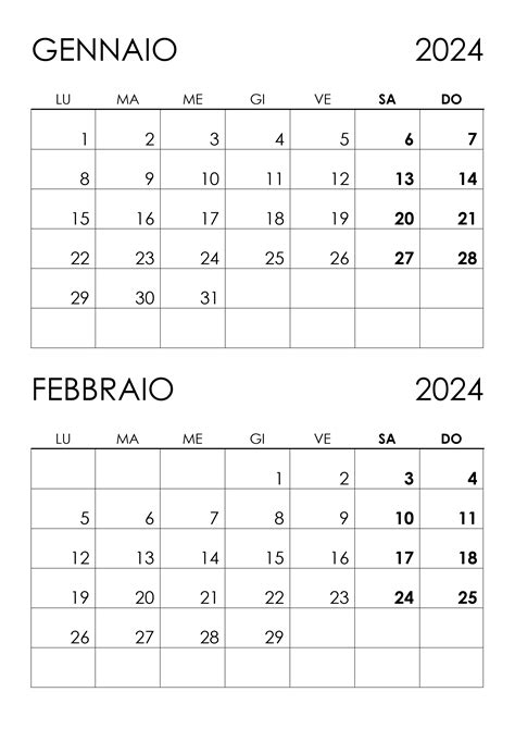 calendario 2024 gennaio febbraio