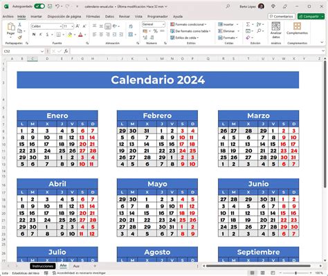 calendario 2024 por semanas excel