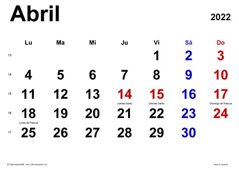 calendario abril de 2022