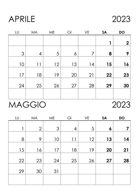 calendario aprile e maggio 2023