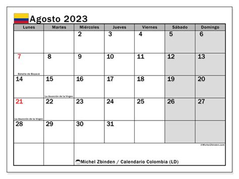 calendario colombia agosto de 2023