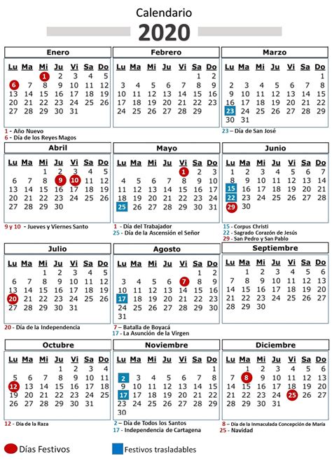 calendario con festivos 2020 colombia