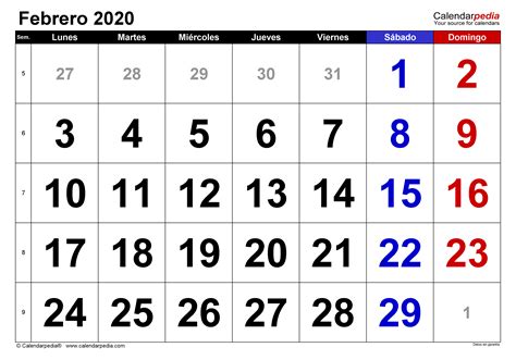 calendario de febrero 2020