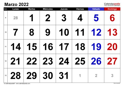 calendario de marzo de 2022