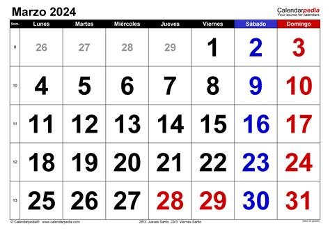 calendario di marzo 2024