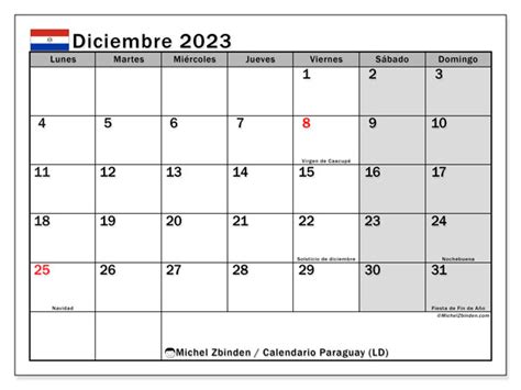 calendario diciembre 2023 paraguay