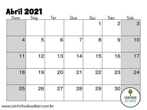 calendario do mes de abril