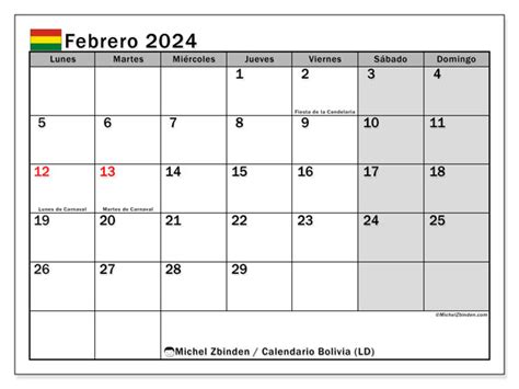 calendario febrero 2024 bolivia