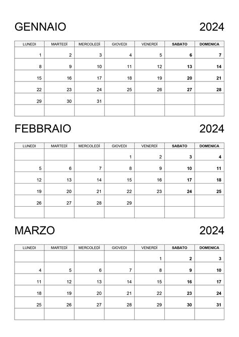 calendario gennaio febbraio e marzo 2024