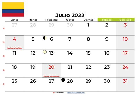 calendario julio 2022 colombia
