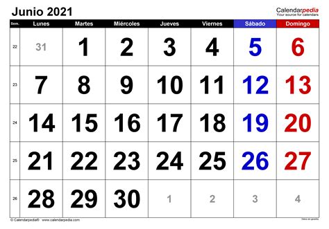 calendario junio de 2021