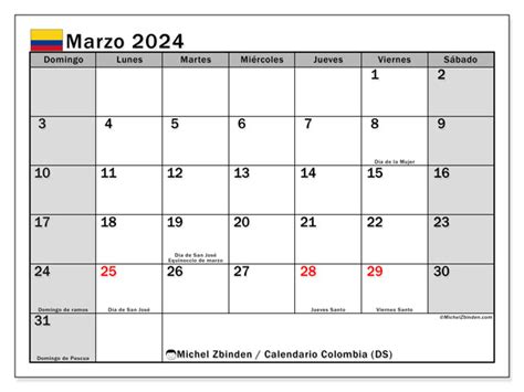 calendario marzo de 2024 colombia