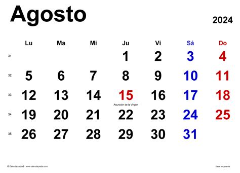calendario mes de agosto 2024