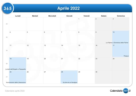 calendario mese di aprile 2022