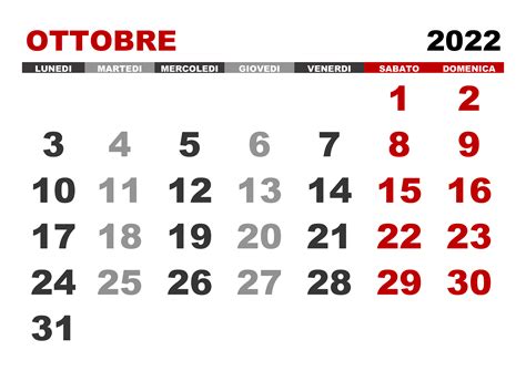 calendario mese di ottobre 2022