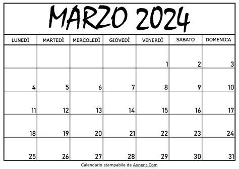 calendario mese marzo 2024 da stampare